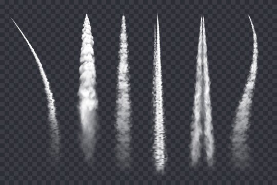 Plane smoke trail, air jet clouds, vector contrail realistic 3d airplane or rocket white lines. Design elements, vapor effect in sky, spray straight and curve tracks isolated on transparent background