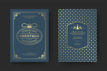 Christmas greeting card vintage typographic design ornate decorations symbols with holidays wish