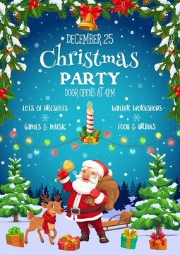 Christmas party flyer vector design of Santa with Xmas bell, gift bag and reindeer, presens, snow sledge and deer, ribbon bows and candle in frame of pine and holly tree branches. Winter holidays