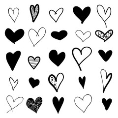 Black heart hand drawn icons set isolated on white background. Collection of hand drawn hearts for love symbol, wallpaper and Valentine's day. Creative outline frame. Heart and love vector