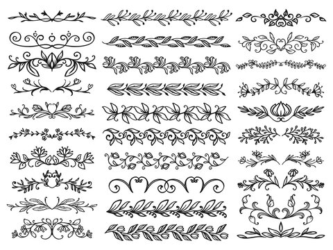 Floral borders or dividers templates set. Ornament borders with leaves, blooming flowers and raceme, divider with climbing plants steam, curved branches, tree blossom and berries vector decoration