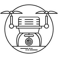 
Front view remote aerial drone with a camera taking photograph or video recording 
