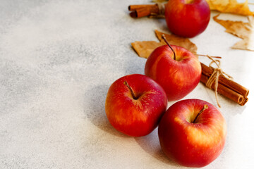 Red apples with dry leaves and cinnamon on white background