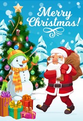 Fototapeta na wymiar Christmas tree, Santa and snowman vector design with Xmas gift bag, present boxes and ribbon bows, snow, stars and candy canes, sock, balls, snowflakes and lights. Winter holidays greeting card