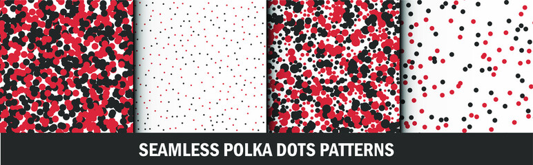 Obraz premium Set of multicolored polka dots patterns. Graphic stylish seamless vector backgrounds. Collection of classic red and black colored patterns for fabric, textile, wrapping etc.