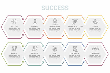 Infographic Success template. Icons in different colors. Include Success, The Best, Achievement, Lader Of Success and others.