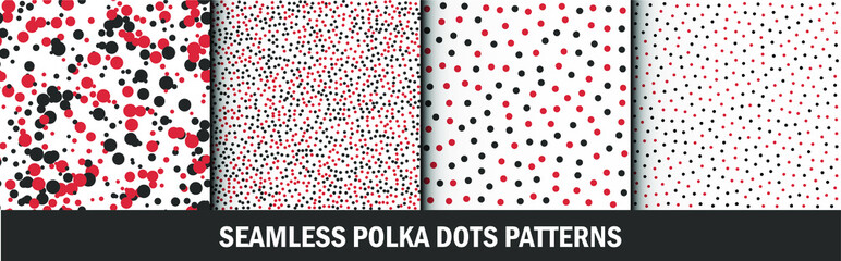 Set of multicolored polka dots patterns. Graphic stylish seamless vector backgrounds. Collection of classic red and black colored patterns for fabric, textile, wrapping etc.