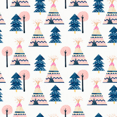 Watercolor Teepee seamless pattern. Wigwam native american summer tent illustration. Boho style pattern with ethnic teepee or wigwam, Native American ornamental background © cheesyfox