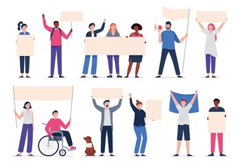 Collection of diverse people standing and holding blank banners. Multiethnic male and female protesters or activists. Strikes, protest around the world. Vector flat illustration. 