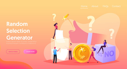 Random Selection Landing Page Template. Tiny Characters Throw Coin and Dice with Yes No Sides, Pulling Paper from Box