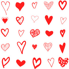 Red heart hand drawn icons set isolated on white background. Collection of hand drawn hearts for love symbol, wallpaper and Valentine's day. Creative outline frame. Heart and love vector