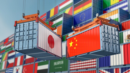 Freight containers on a Terminal with Japan and China flag. 3D Rendering 
