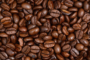 Roasted dark coffee beans background from close up. Full frame shot of brown aroma seeds for banner. A lots of black pure crops in detail with texture.