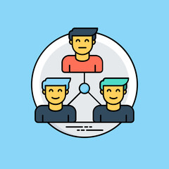 
smiling human avatars attached with each other where one is leading the other two, structuring icon for company structure 

