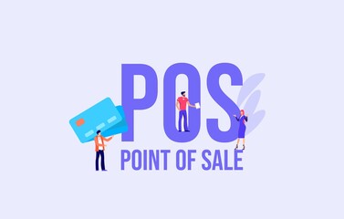 POS Point of sale concept. Payment by cash and credit card social media marketing technologies informational online reference for advertising and user support promotional email messages and vector.