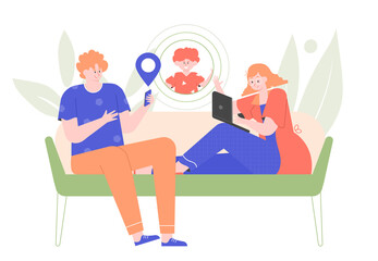 Parental control app. Parents at home check their son's location using smartphone. Modern technologies and child safety. Vector flat illustration.
