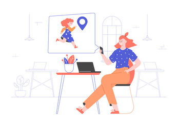 Obraz na płótnie Canvas Parental control app. Mom in the office checks her daughter's location using smartphone. Modern technologies and child safety. Vector flat illustration.