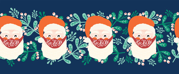Christmas border Coronavirus seamless. Santa Claus wearing a protective face mask against Covid horizontal vector pattern. Merry Christmas 2020 during pandemic. Holiday decor. Xmas. New Year 2021