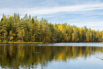 Fototapeta na wymiar View of The Lake Mustlampi in autumn, Luukki, Espoo, Finland