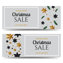 Merry Christmas design banner voucher decorated with pine branch and stars. Modern design cover vector gray background. 