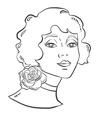 Hand drawn illustration of a retro woman with a rose necklace, black and white clip art.