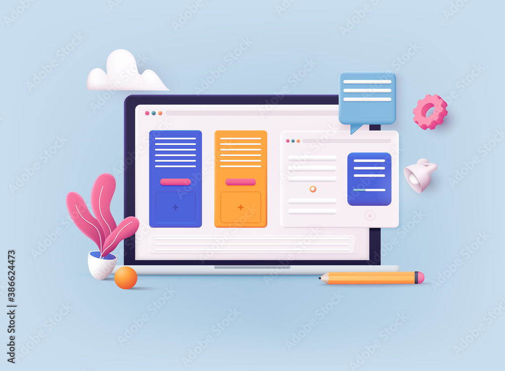 Fototapete 3d web vector illustrations. laptop with open pages. landing page template for web.