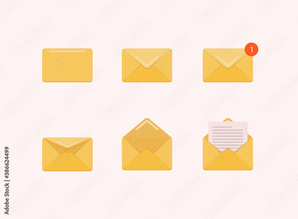 Poster set of opened and closed envelope with note paper card. mail icon. vector illustration.
