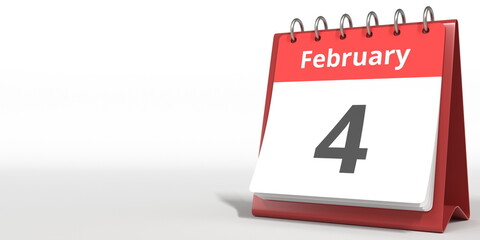 February 4 date on the flip calendar page, 3d rendering