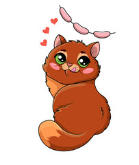 Hungry little cartoon kitten dreaming of its favorite food, a long string of sausages, looking up with longing isolated on white, colored cartoon vector illustration