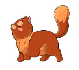Cute cocky little cartoon cat with its tail held high and nose in the air walking in side view isolated on white, colored cartoon vector illustration