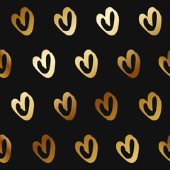 Seamless gold brush stroke heart pattern on black background. Vector design. 