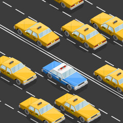 Flat 3D isometric yellow taxi cab model. City transport car traffic road. Sedan taxi flat isometry motor car. Urban classic motor vehicle. Auto infographic traffic route. Isometric automobile street