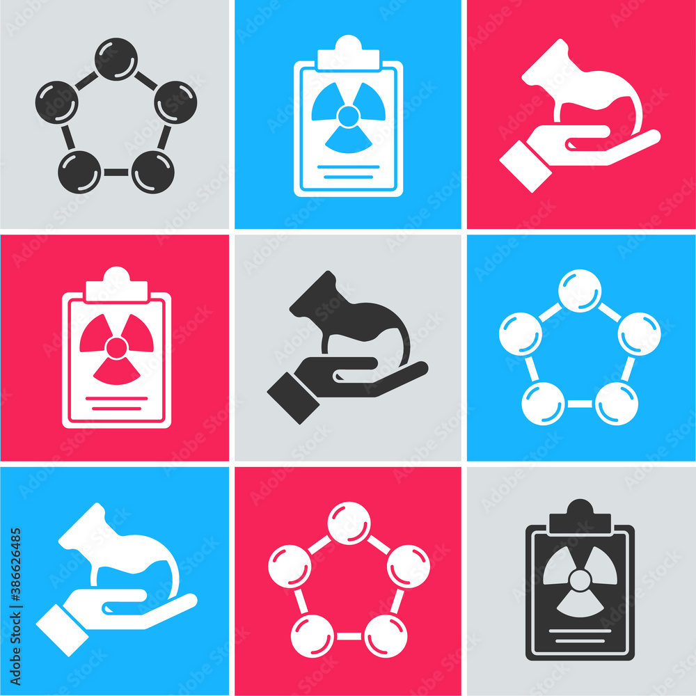 Poster set molecule, radiation warning document and test tube and flask icon. vector.