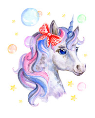 Watercolor unicorn with bow and soap bubbles