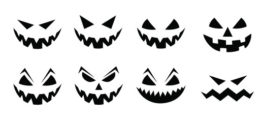 Happy halloween party Pumpkin face. Funny flat vector signs. 31 october fest, horror. Pumpkins icons. Emotion smiley, smile, emoji emoticons faces. Creepy, Fly bat pictogram.