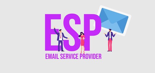ESP Email service provider. Communication social media marketing technologies informational online reference for advertising and user support promotional email messages and vector web video.