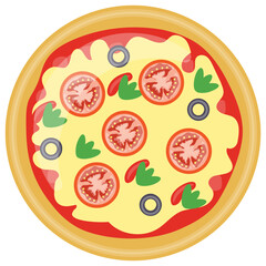 
Icon denoting quiche by showing crust and sprinkles of black olives and tomato slices over it 
