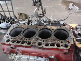 Close-up of the engine block waiting for repair