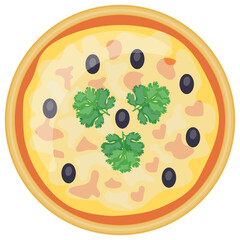 
Icon denoting pepperoni pizza by showing crust sprinkled with onion and tomato curved slices
