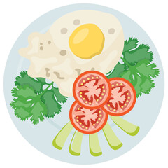 
A plate with egg, salad leaves and apple slices with tomato cuts icon for fried egg salad
