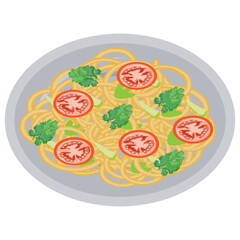 
Plate filled with pasta and some side garnishing, icon for italian pasta spaghetti
