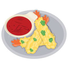 
Grilled corn cops along with red dipping sauce icon for corn cob and chilli dipping dish
