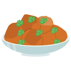 
Plate filled brown balls with green leafy sprinkling, icon for baked potato
