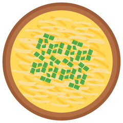 
Yellowish soupy serum in a bowl garnished with flower is green leaf sprinkling, icon for queso flameado 
