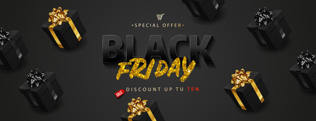 Fototapeta na wymiar Black Friday sale. Golden text lettering on realistic black gift boxes. Vector illustration