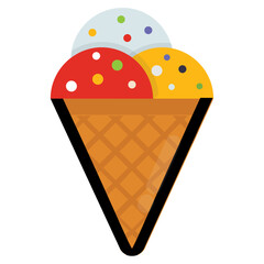 
A crispy waffle cone containing three scoops of strawberry, vanilla and coconut ice cream
