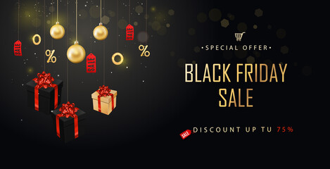 Obraz premium Black Friday sale. Golden text lettering on realistic black gift boxes. Vector illustration
