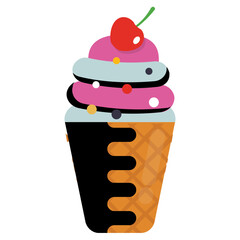 
Sweet ice cream dessert with blends of numerous creamy flavors and cherry on the top, icon for sundae 
