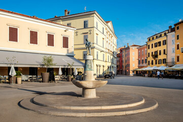 Old town of Rovinj with fountain in Istria, Croatia