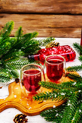 New Year Festive berries liqueur or tincture as ingredient for preparation alcohol cocktail